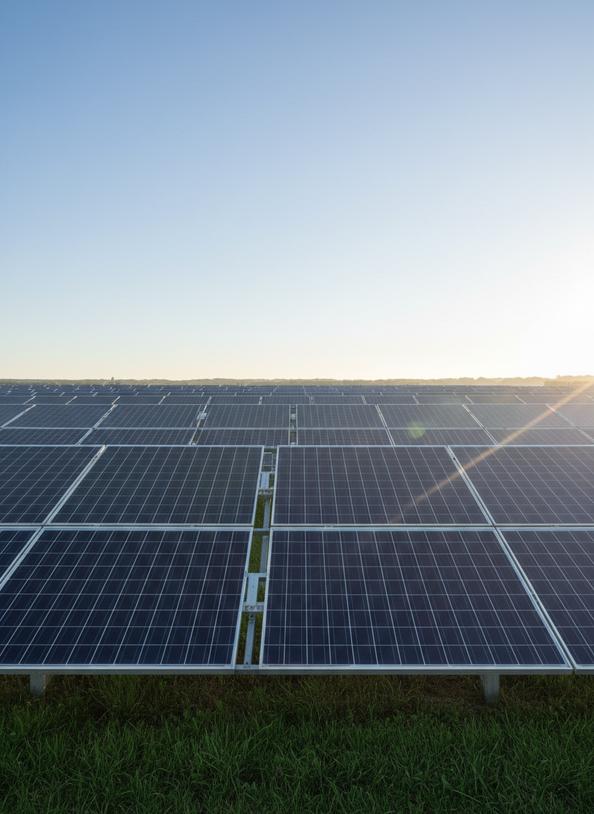 A close-up, wide-angle view of a large ground-mounted solar array in a well-maintained field of short, healthy green grass. The individual photovoltaic cells form a precise grid of deep navy rectangles, each separated by fine silver lines and held in place by robust metal racking. Early morning sunlight glides across the glass surfaces, creating delicate reflections and subtle lens flare near the horizon. The sky is expansive and crystal clear, suggesting endless clean energy potential. Photographic realism with a slightly low-angle perspective makes the panels appear strong and substantial, while the composition follows the rule of thirds to convey a professional, forward-looking mood about owning your power rather than renting it.