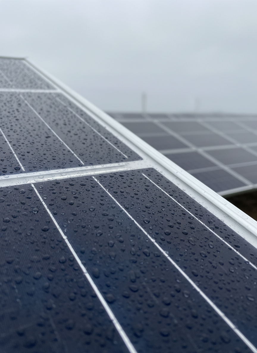 A detailed close-up of a single solar panel corner, showcasing the fine texture of tempered glass, the faint pattern of photovoltaic cells beneath, and the sturdy, brushed aluminum frame with precise, machine-cut edges. Tiny water droplets from a recent rain sit on the surface, catching soft, overcast daylight and forming bright, sharp reflections. The background is gently out of focus, revealing more panels receding into a muted gray-blue blur. Shot in photographic realism with a shallow depth of field and a slightly elevated angle, the composition feels clean, technical, and trustworthy, emphasizing reliability, durability, and the long-term value of investing in solar energy ownership.