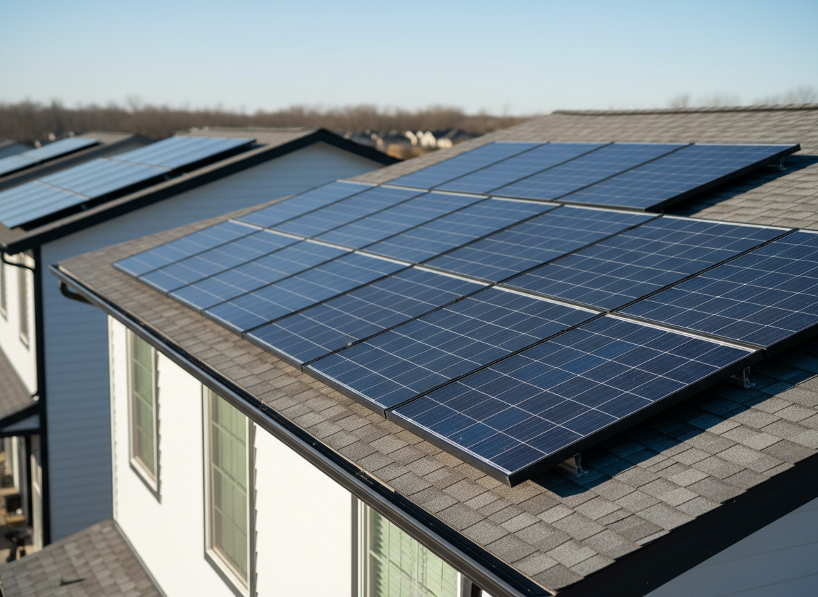 A neat row of modern rooftop solar panels with deep blue, glassy surfaces and sleek aluminum frames, stretching across the top of a clean suburban home. The panels are angled toward a low afternoon sun, which casts crisp, geometric shadows on the light gray shingles. In the distance, other rooftops with solar arrays gently blur into the background. The sky is clear and pale blue, giving the scene a bright, optimistic feel. Captured at eye level in photographic realism, with sharp focus on the nearest panels and a subtle depth of field, the composition emphasizes ownership, stability, and long-term energy savings in a professional, trustworthy aesthetic.
