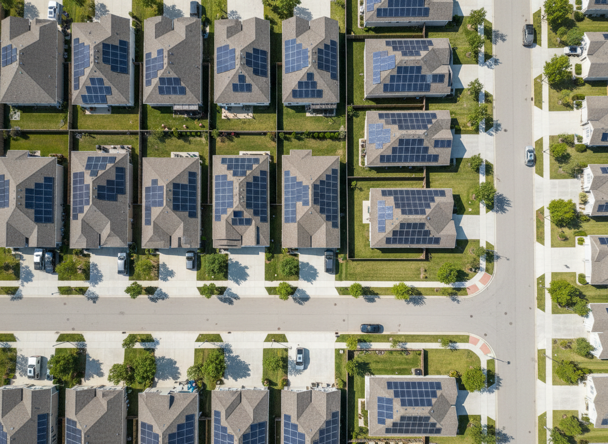 An aerial, bird’s-eye photographic view of a modern neighborhood where many rooftops are equipped with solar panels, forming a subtle mosaic of dark blue rectangles among light-colored shingles. The houses are arranged along curving streets with manicured lawns and a few small trees, all under clear, bright midday sunlight. Shadows are soft and short, adding to the sense of clarity and order. The composition emphasizes the repeating pattern of solar roofs without showing any people, suggesting a community-wide shift toward owning power and saving on energy costs. Photographic realism with high sharpness and natural color grading creates a professional, future-focused atmosphere.