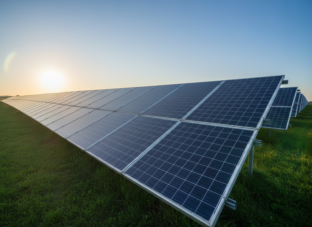 A close-up, wide-angle view of a large ground-mounted solar array in a well-maintained field of short, healthy green grass. The individual photovoltaic cells form a precise grid of deep navy rectangles, each separated by fine silver lines and held in place by robust metal racking. Early morning sunlight glides across the glass surfaces, creating delicate reflections and subtle lens flare near the horizon. The sky is expansive and crystal clear, suggesting endless clean energy potential. Photographic realism with a slightly low-angle perspective makes the panels appear strong and substantial, while the composition follows the rule of thirds to convey a professional, forward-looking mood about owning your power rather than renting it.