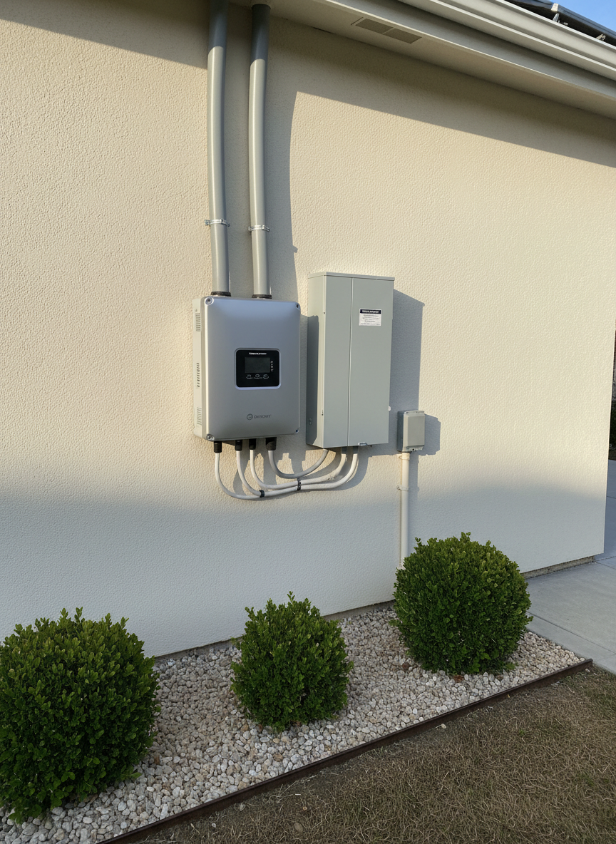 A tidy residential side yard featuring a wall-mounted solar inverter and electrical panel system installed on a smooth, light-colored exterior wall. Heavy-duty conduits run cleanly from the inverter toward an unseen array on the roof, each line carefully aligned for a professional finish. Soft late-afternoon natural light illuminates the equipment, creating gentle shadows that emphasize the crisp edges and high-quality materials. A small gravel bed and neatly trimmed shrubs ground the scene in a real-world home setting. Captured in photographic realism at eye level with sharp focus throughout, the composition highlights the behind-the-scenes technology that enables homeowners to control and own their energy, projecting confidence and technical competence.