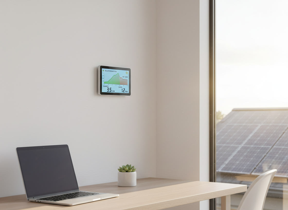 A bright, minimalist home office powered by solar energy, indicated by a compact digital energy monitor mounted on a smooth white wall displaying a clear graph of solar production versus usage. A sleek wooden desk with a thin laptop and a small potted plant sits nearby, all bathed in gentle midday sunlight streaming through a large window with a view of a rooftop solar array just visible at the edge of the frame. Photographic realism with an eye-level perspective and balanced composition keeps the space uncluttered and professional. The atmosphere is calm, efficient, and empowering, visually reinforcing the idea of lower bills and true ownership of energy through solar.